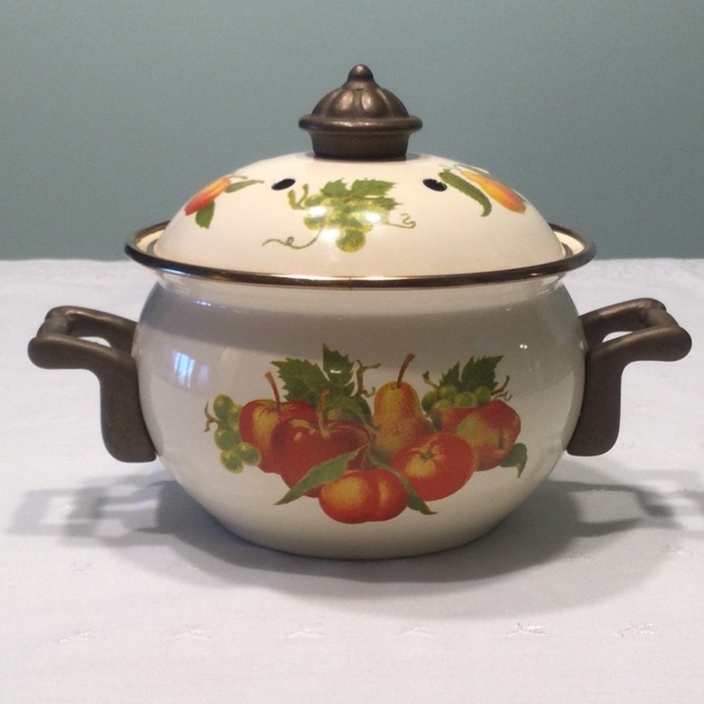Enamel Pot with Lid  Lid has Six Holes for Scent Release , Bronze Handles - Picture 3 of 6